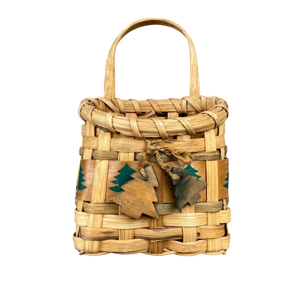 Vintage Christmas Woven Splint Basket Pine Tree Primitive Folk Art Decor